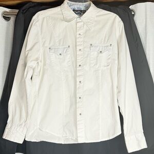 Fender by Da Vinci White Snap  Button Down Shirt girl on guitar emb size Large‎